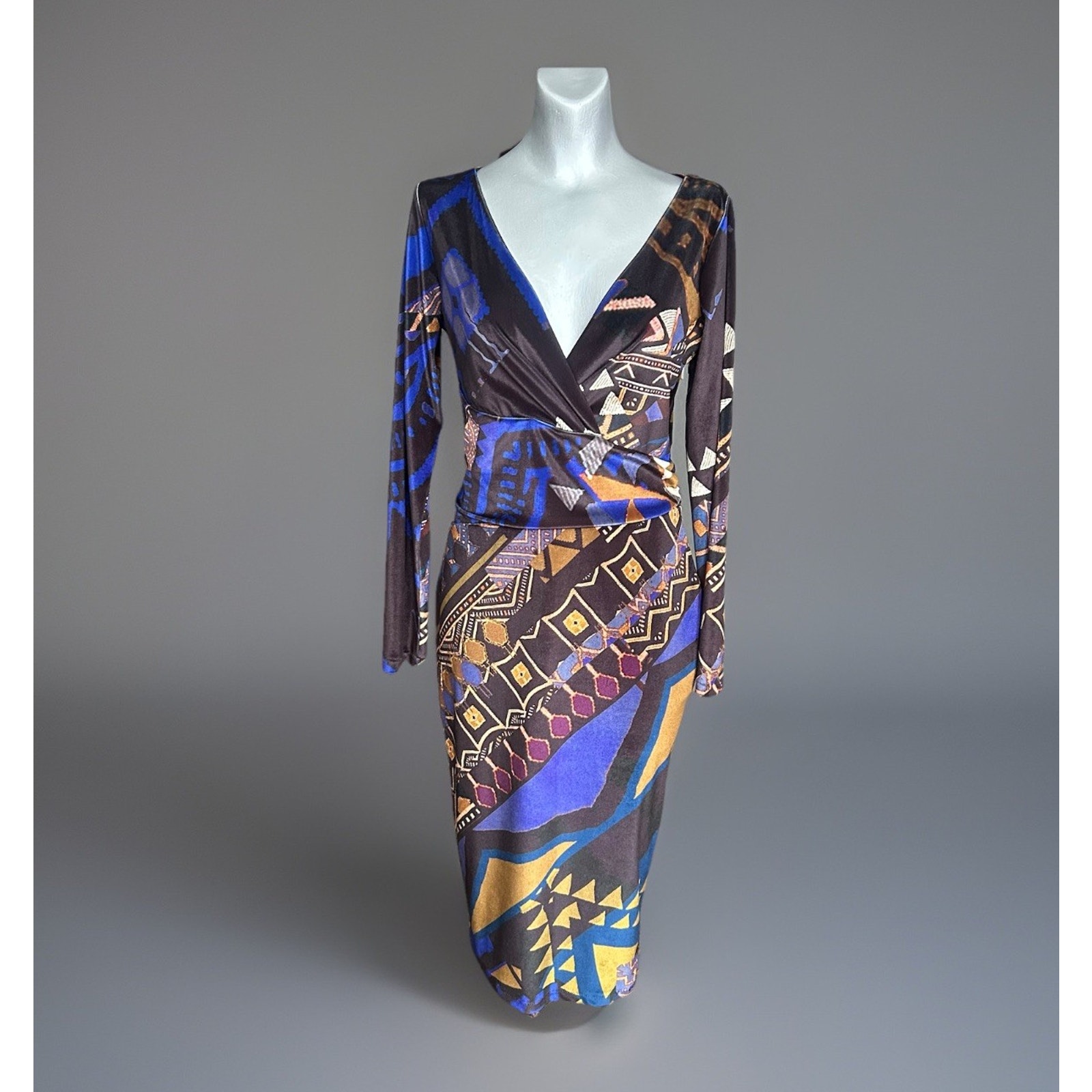 Fuzzi Italy Velour Dress Stretch 46 Nwt Abstract Art Print Long Sleeve Jpg